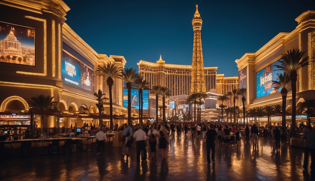 Bright lights illuminate iconic Las Vegas casinos, with grand architecture and bustling crowds. Slot machines and card tables fill the vibrant, energetic atmosphere