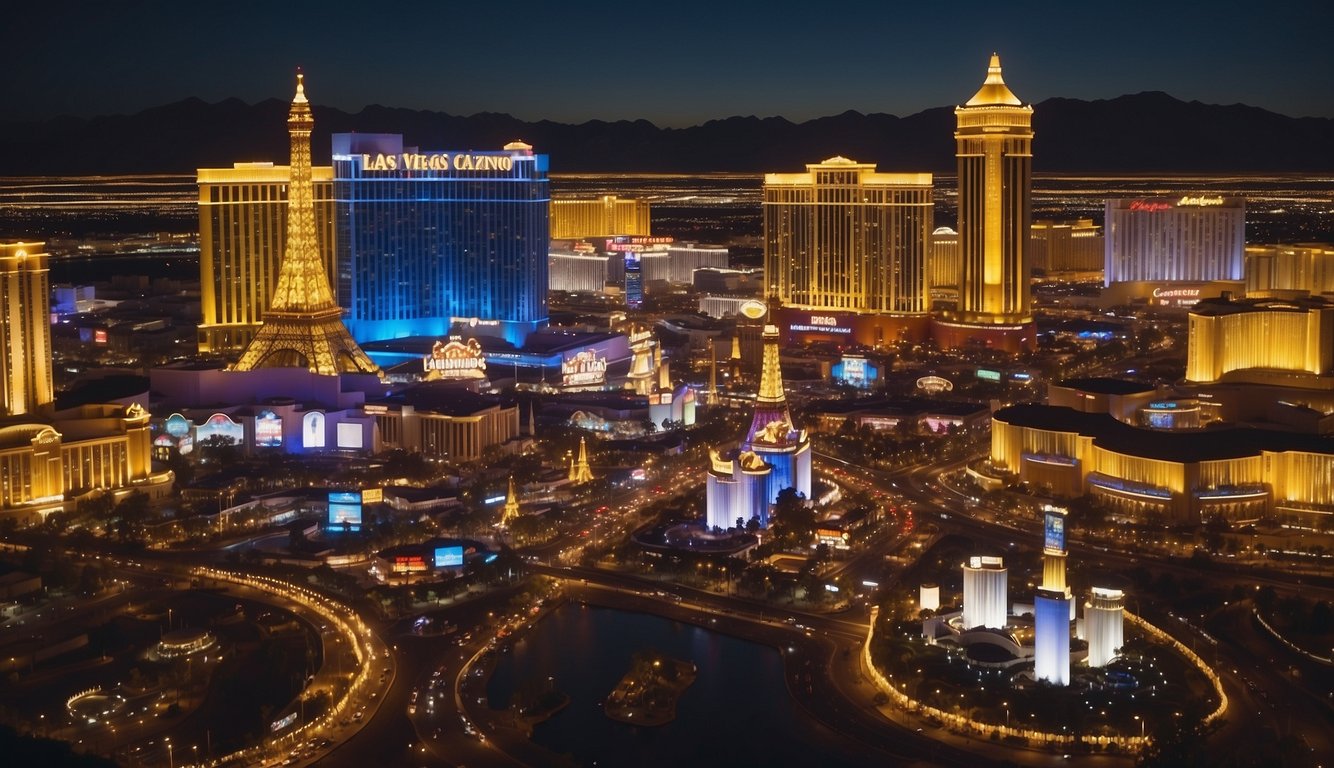 Bright lights flash from iconic Las Vegas casinos, illuminating the bustling strip with vibrant colors and glitzy architecture