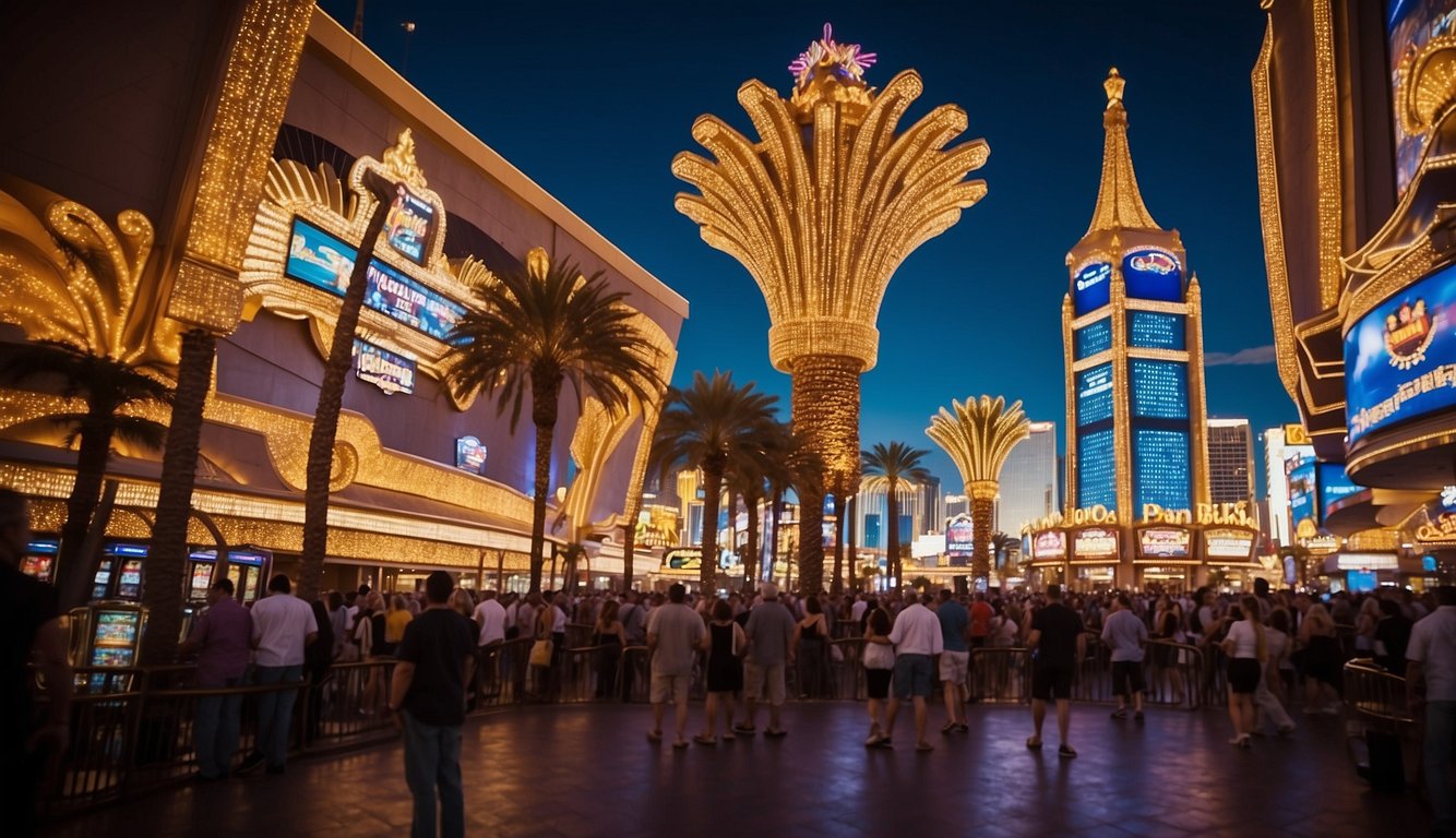 Bright lights of Las Vegas casinos illuminate the night sky, drawing in crowds of excited visitors. The sound of slot machines and cheers of winners fill the air, creating a lively and vibrant atmosphere