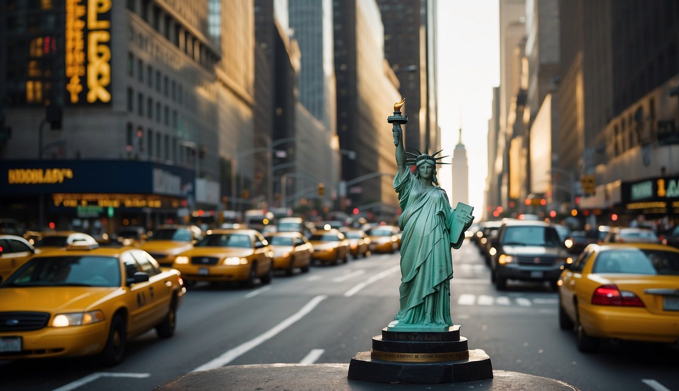 The bustling streets of New York City with iconic skyscrapers, yellow taxis, and bustling crowds. The Statue of Liberty and Empire State Building stand tall in the distance