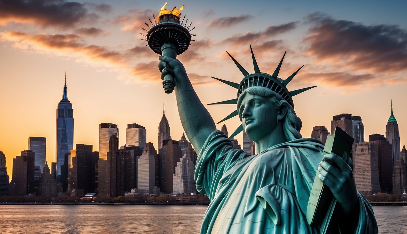 The Statue of Liberty stands tall against the New York City skyline, with the Empire State Building and Brooklyn Bridge in the background