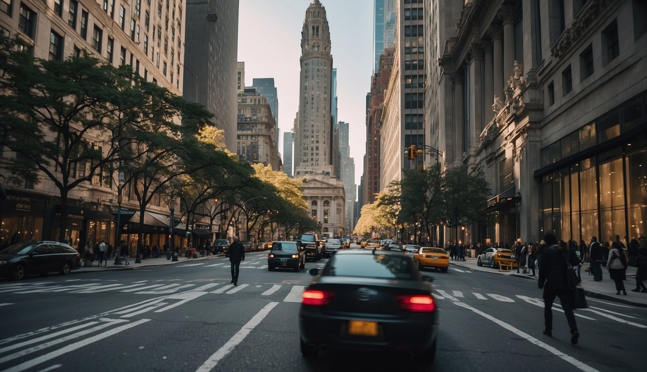 Busy streets, tall buildings, and iconic landmarks surround the entrance to a grand museum or gallery in New York City