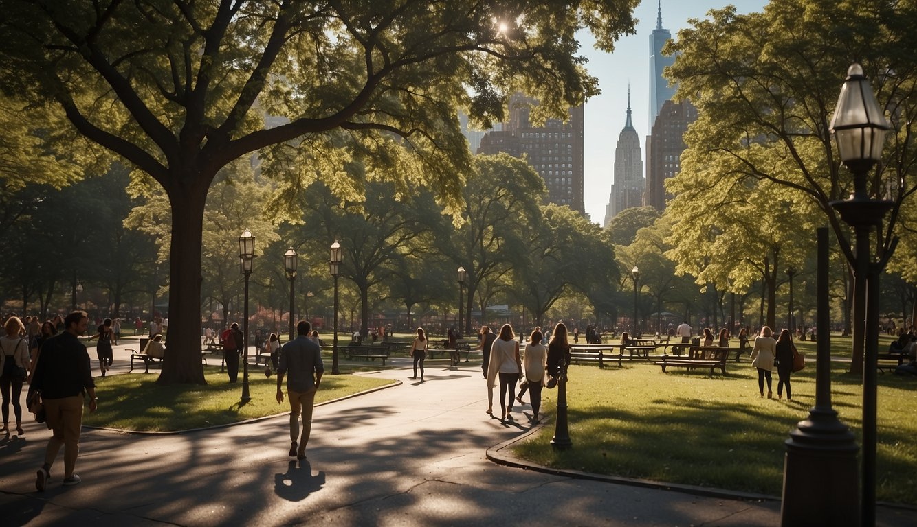 A bustling city park with iconic NYC landmarks in the background. People are enjoying the green spaces, playgrounds, and walking paths