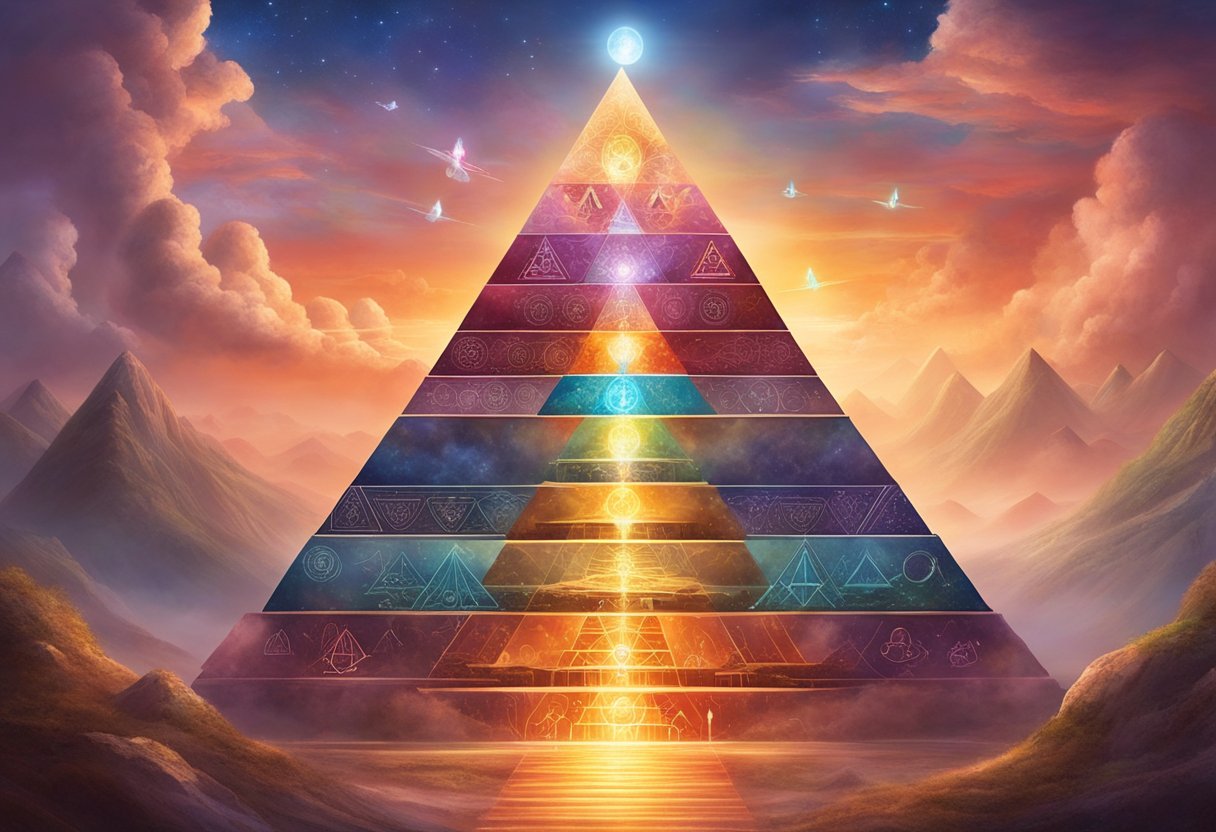 A pyramid with levels representing Maslow's hierarchy of needs, surrounded by symbols of self-actualization and enlightenment