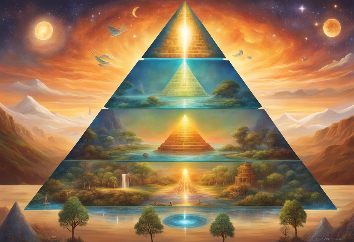 A pyramid with five levels, representing Maslow's hierarchy of needs, surrounded by symbols of growth and self-actualization