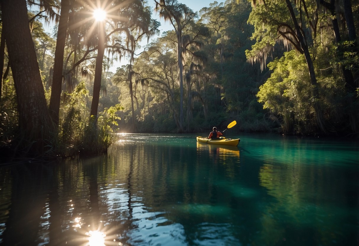 Kayak gliding down Suwannee River, surrounded by lush greenery and clear blue waters, with the sun casting a warm glow