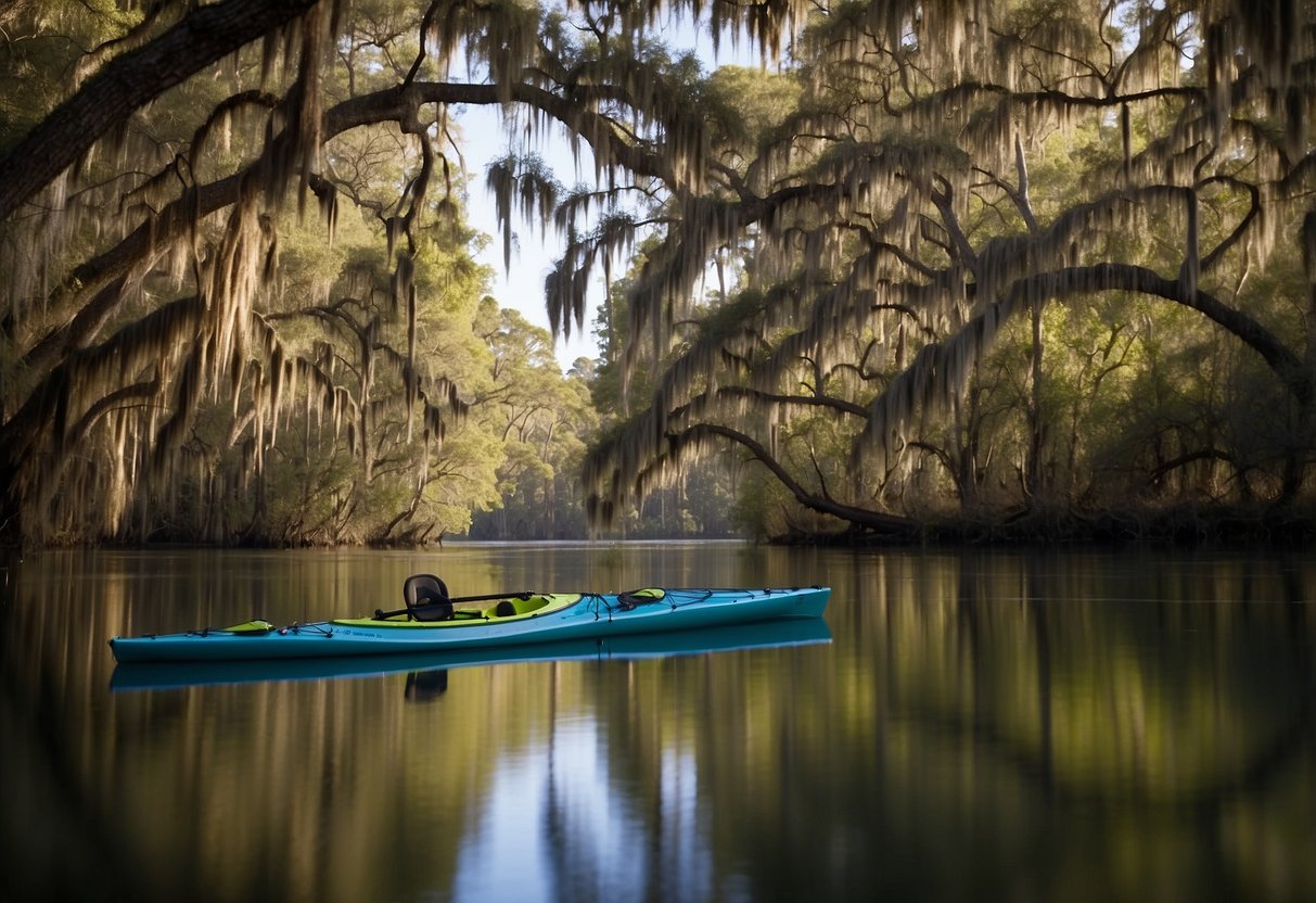 A kayak sits on the calm waters of Suwannee River, surrounded by lush greenery and towering cypress trees in White Springs, Florida