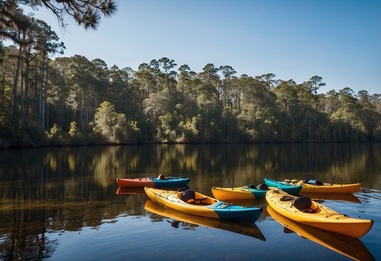 The scene features kayaks on the calm waters of Suwannee River, surrounded by lush greenery and blue skies. A dock with amenities and accommodations is visible in the background