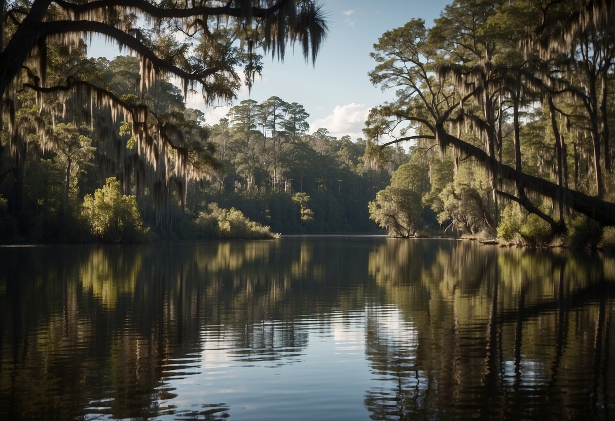 A kayak floats on the calm Suwannee River, surrounded by lush greenery and tall trees, with the town of White Springs in the background