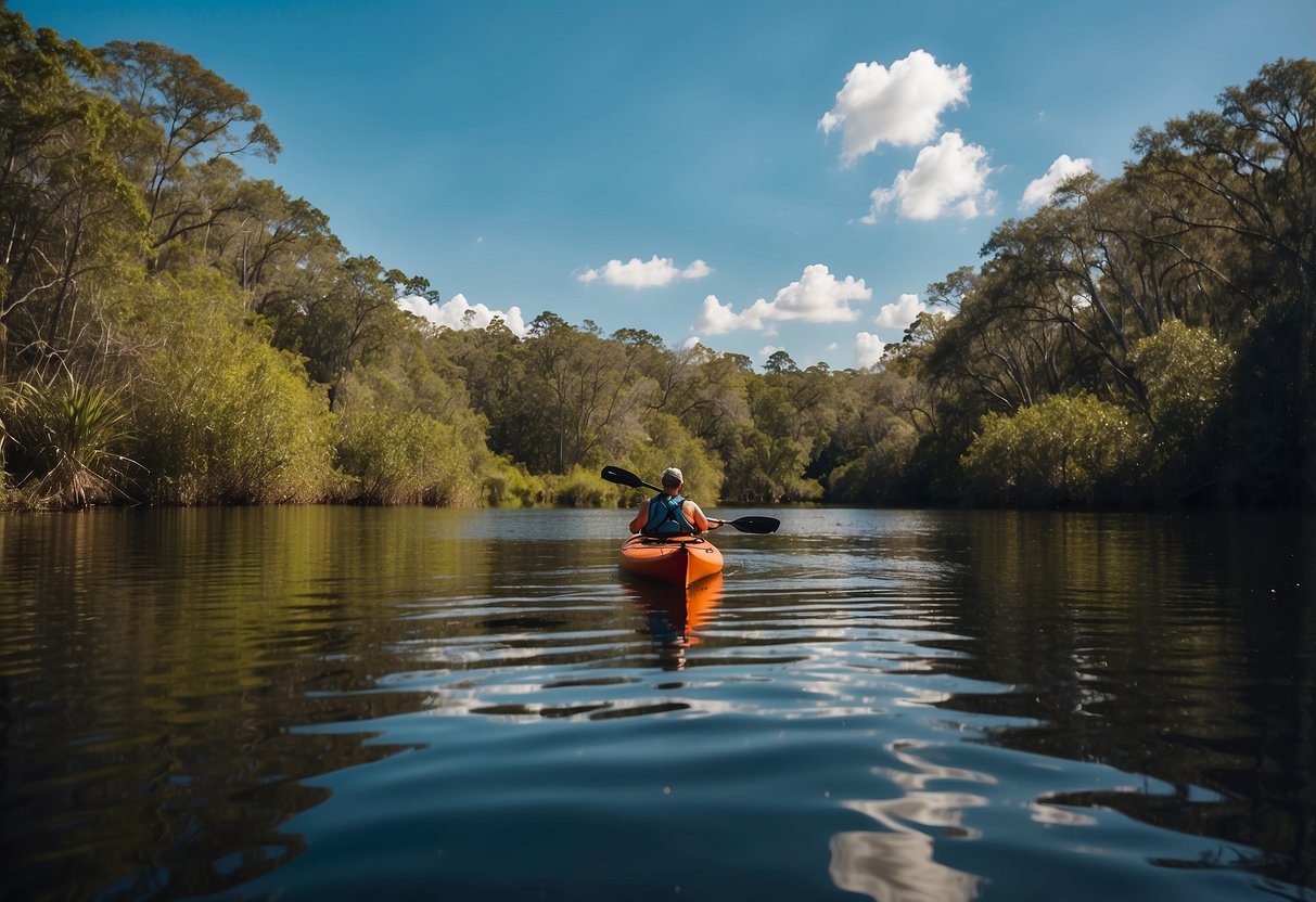 Kayak glides on Tomoka River, surrounded by lush greenery and calm waters, with a clear blue sky overhead