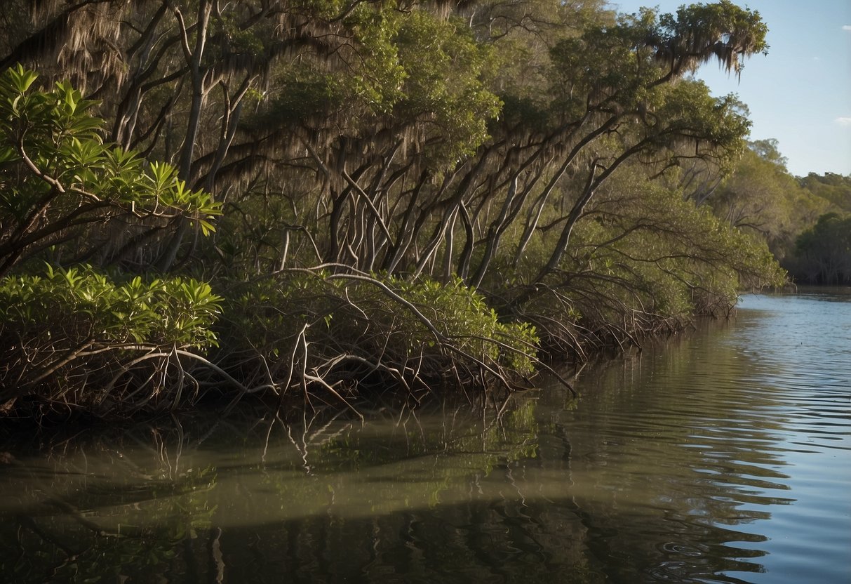 Lush mangroves line the winding Tomoka River, teeming with diverse wildlife. Birds soar above, while turtles and fish navigate the calm waters. The vibrant ecosystem of Ormond Beach, Florida comes to life in this serene kayaking scene