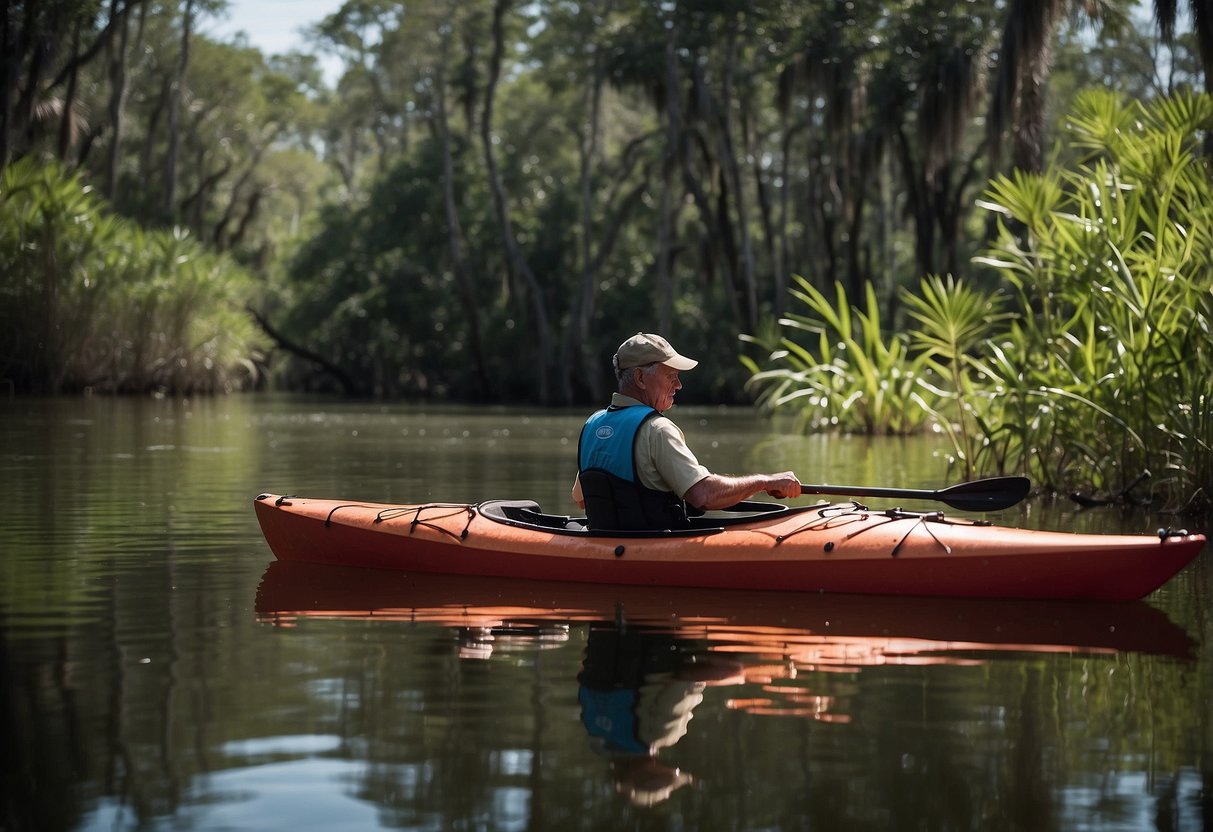 A kayak glides through the calm waters of Tomoka River, surrounded by lush greenery and wildlife. Conservation signs line the banks, promoting responsible kayaking