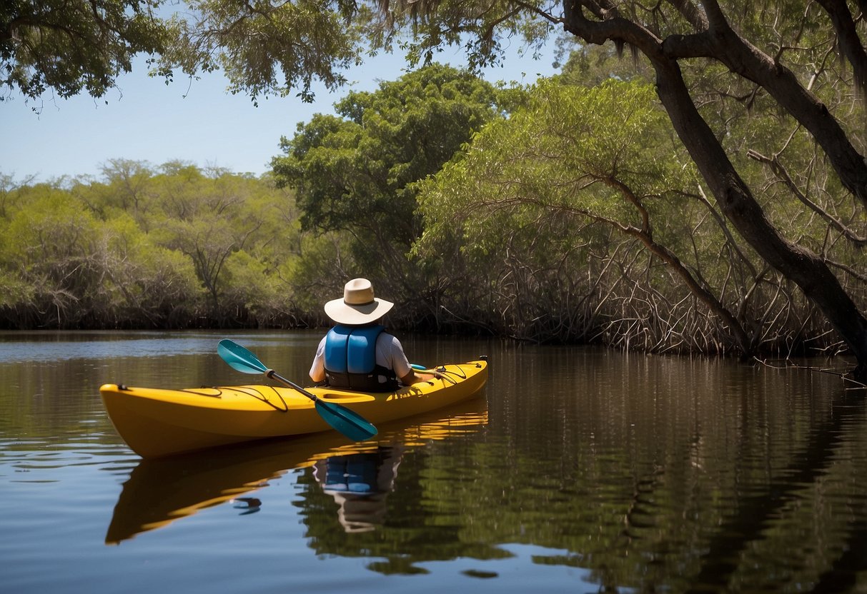 The kayak glides down the tranquil Estero River, surrounded by lush mangroves and vibrant wildlife in Estero, Florida