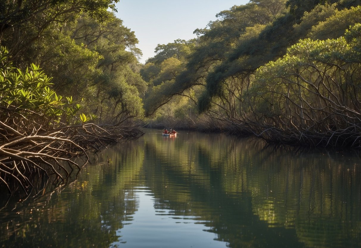 Lush mangroves line the calm Estero River, as kayakers glide through the serene water, surrounded by diverse wildlife and scenic natural beauty