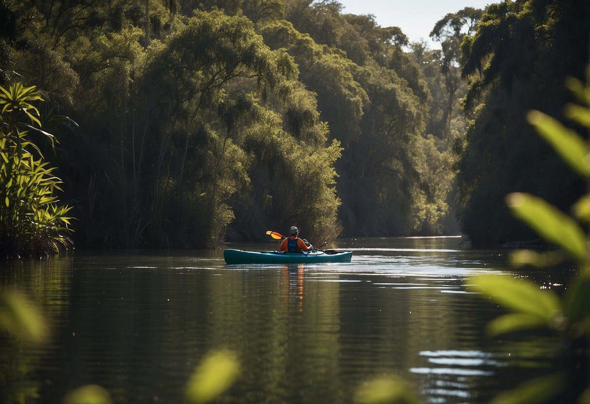 A kayaker paddles down the calm waters of Estero River, surrounded by lush greenery and wildlife. Signs along the riverbank display safety tips and regulations for kayaking