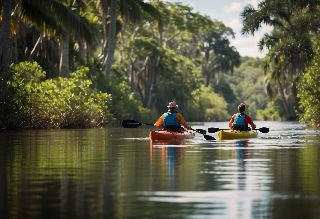 Kayakers paddle down peaceful Estero River, surrounded by lush greenery and wildlife in Estero, Florida