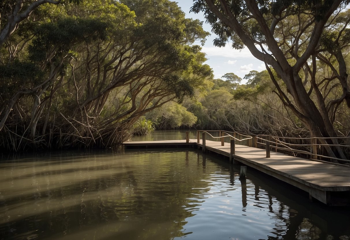 The Estero River flows gently through lush mangroves. Kayaks are tied to a wooden dock. A sign points to amenities and accommodations nearby