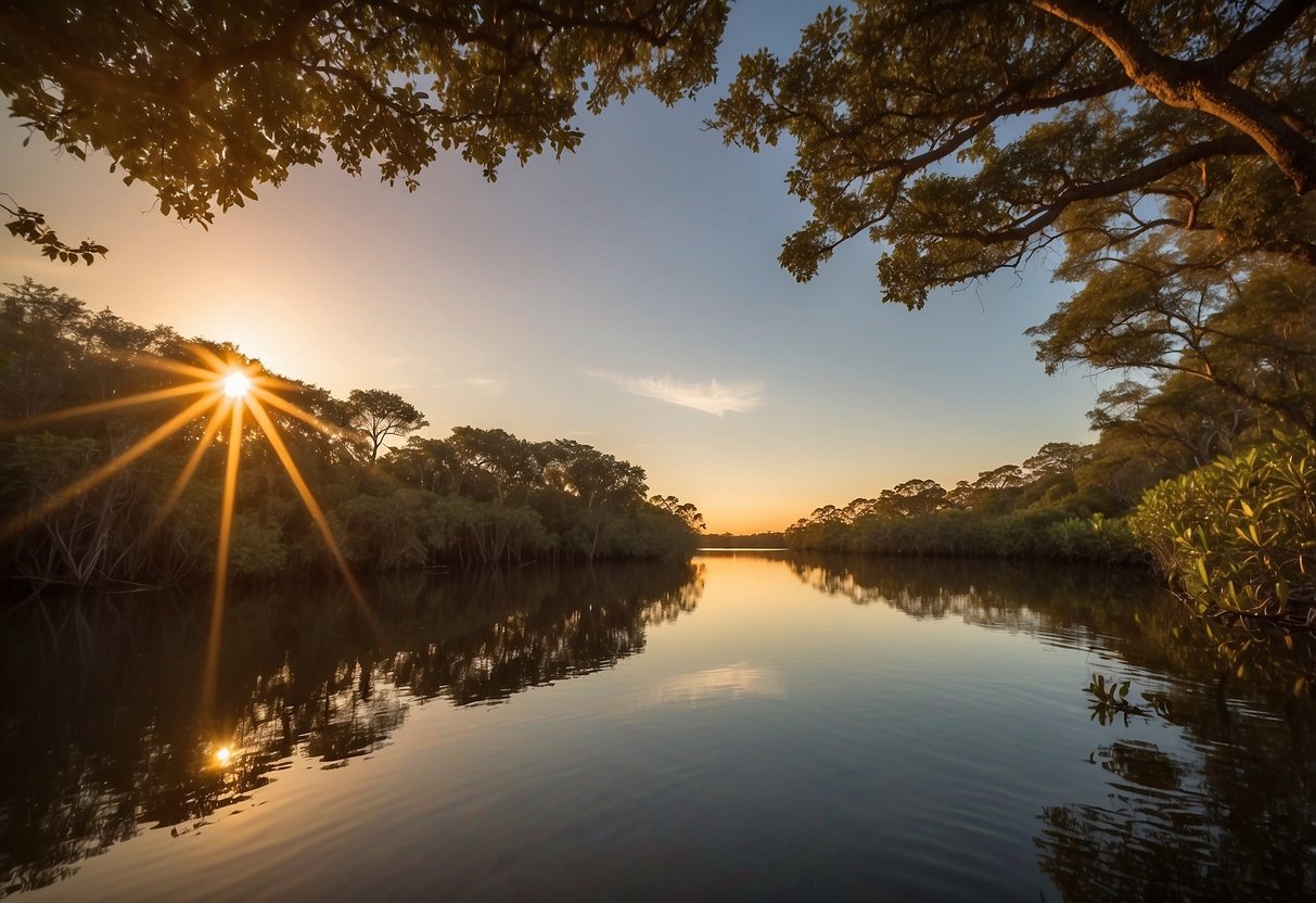 The sun sets over the calm waters of Estero River, casting a warm glow on the surrounding mangroves and creating a peaceful and serene atmosphere for kayaking