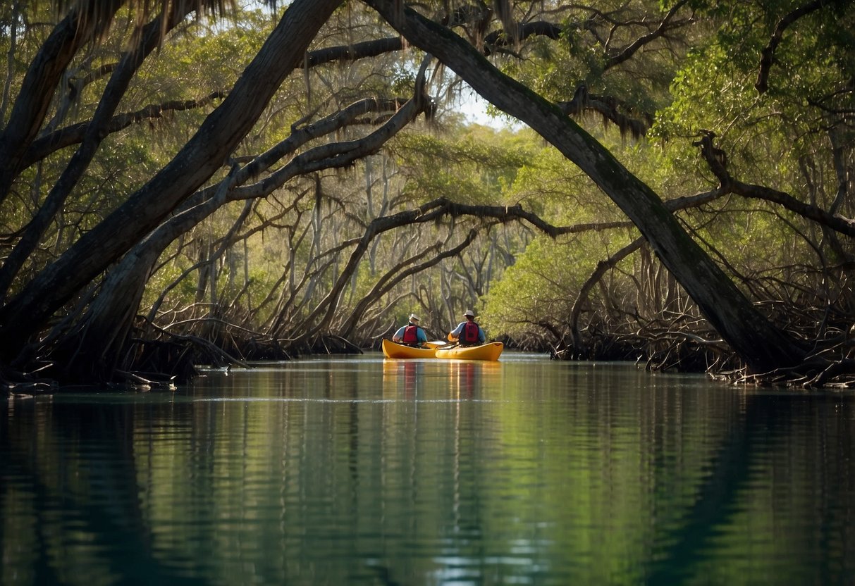 Kayakers navigate through winding river surrounded by lush mangroves and wildlife in Estero, Florida