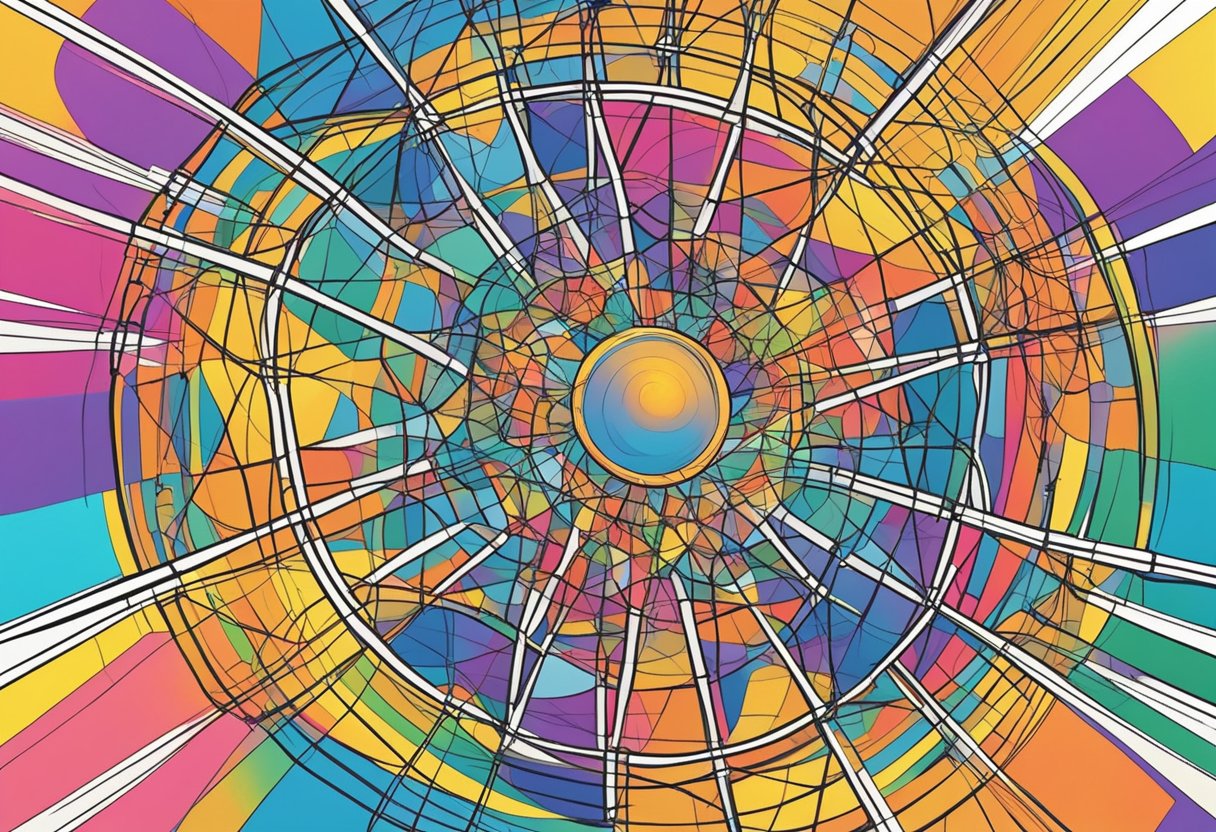 A colorful web of interconnected thoughts and ideas, radiating from a central focal point