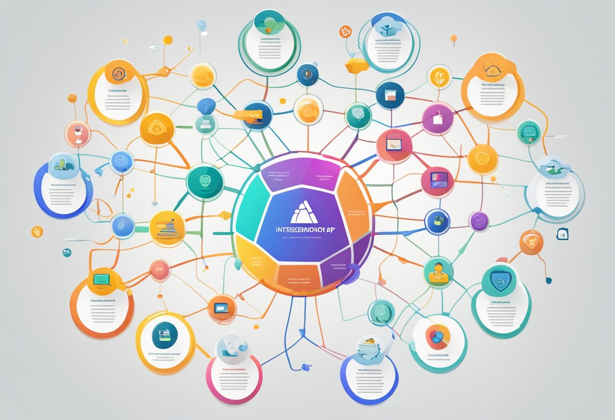 A colorful mind map with interconnected nodes and keywords, surrounded by icons and symbols representing different concepts and ideas