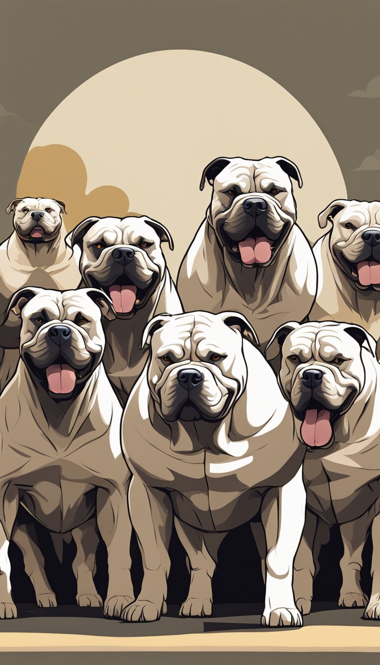 A group of American Bullys, with their distinct muscular build and wide-set jaws, stand confidently in a row. Their short, glossy coats gleam in the sunlight as they exude strength and power
