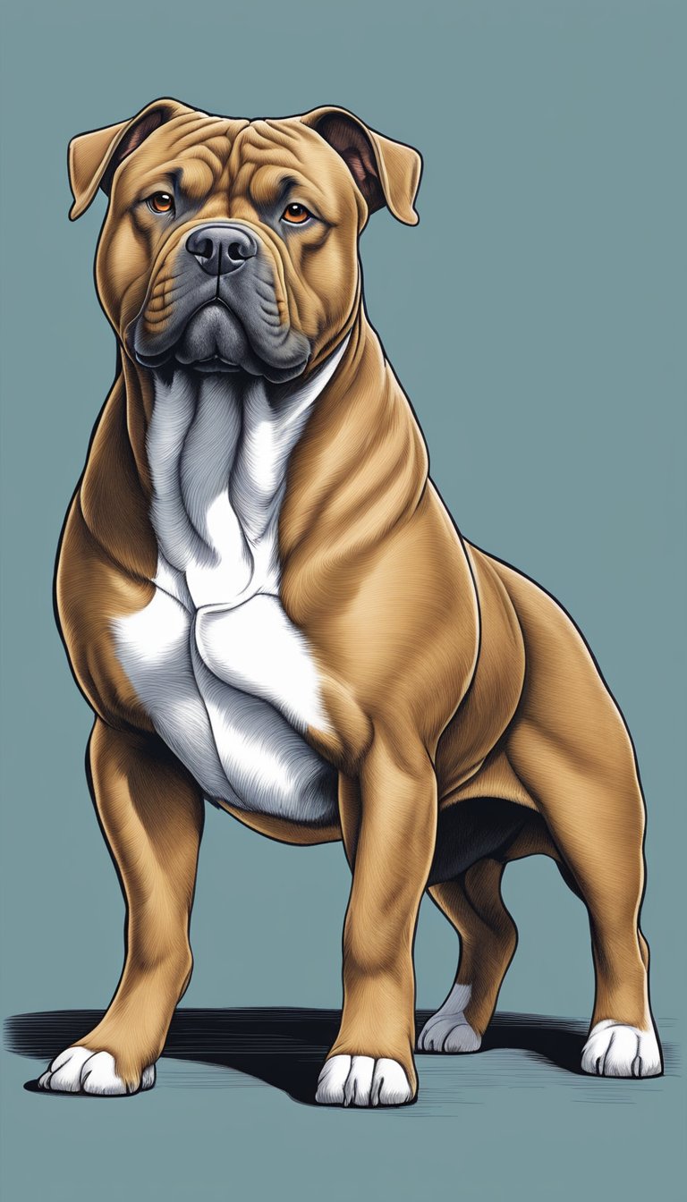 An American Bully stands proudly, showcasing its muscular build and distinctive features. The 1980s backdrop adds historical context to the breed's origins