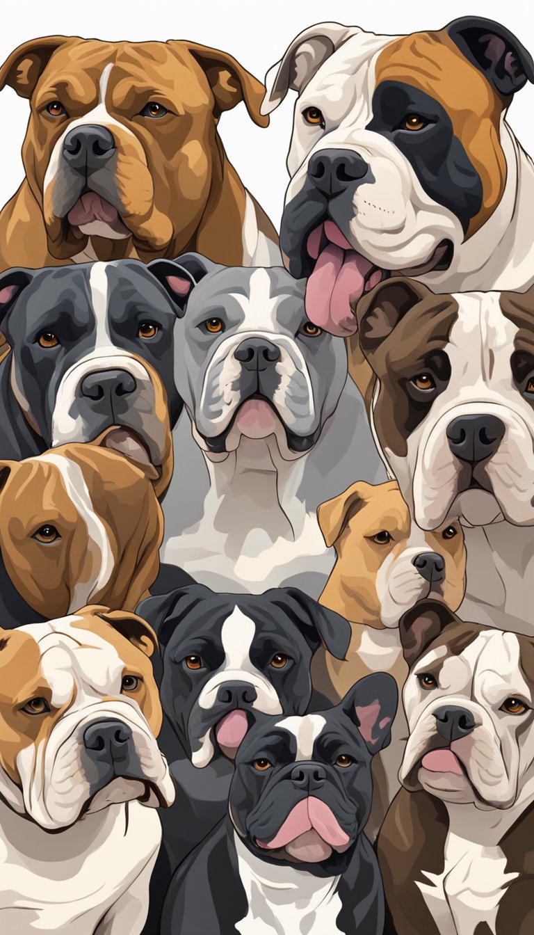 A group of American Bullys of various ages, sizes, and colors are gathered together, showcasing their unique characteristics