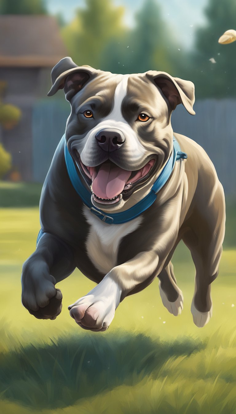 An American Bully dog happily playing fetch in a spacious backyard, showing off its muscular build and energetic nature
