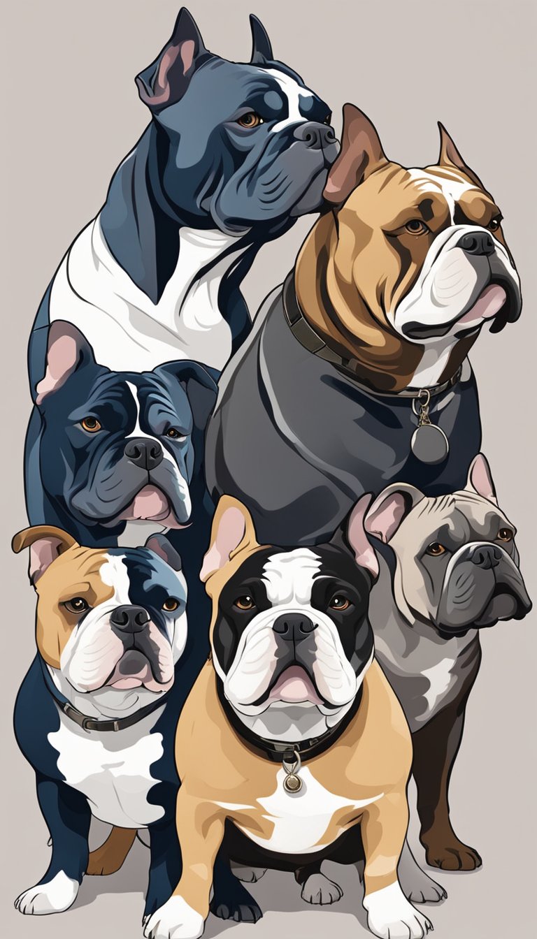 American Bullies of different coat colors and patterns stand together, showcasing their unique features