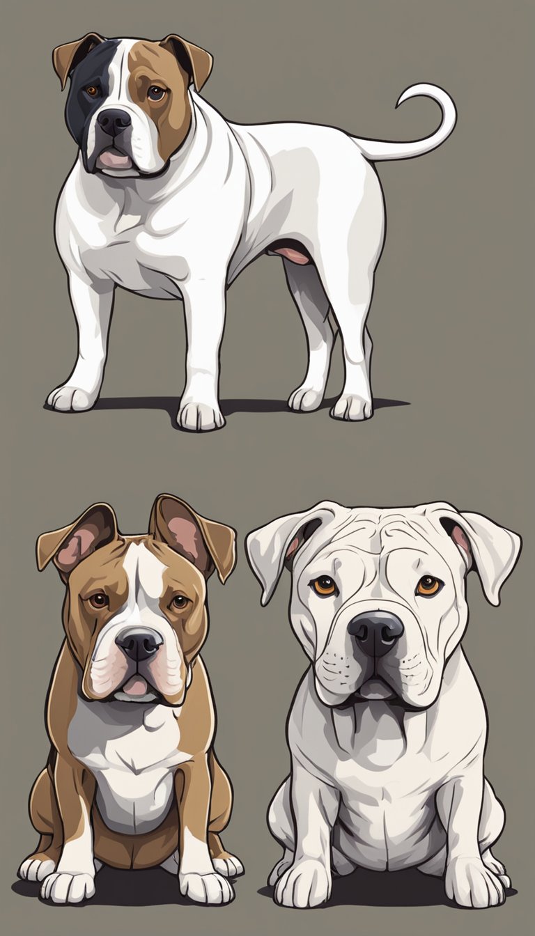 Two dogs, an American Bulldog and a Pit Bull Terrier, stand side by side, their similar appearances causing confusion