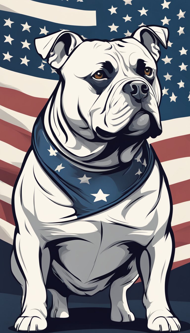 An American Bully standing confidently, with a muscular build and a broad head. Its coat is glossy and its expression is alert and friendly. The background could include elements that represent the breed's origin and history, such as the American flag or iconic American
