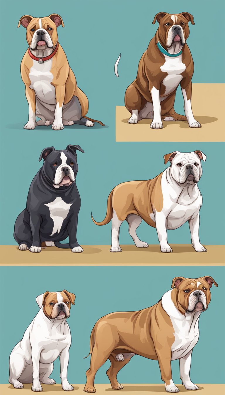American Bullys with various health issues: skin problems, hip dysplasia, heart disease, and obesity. Show a group of Bullys with different ailments