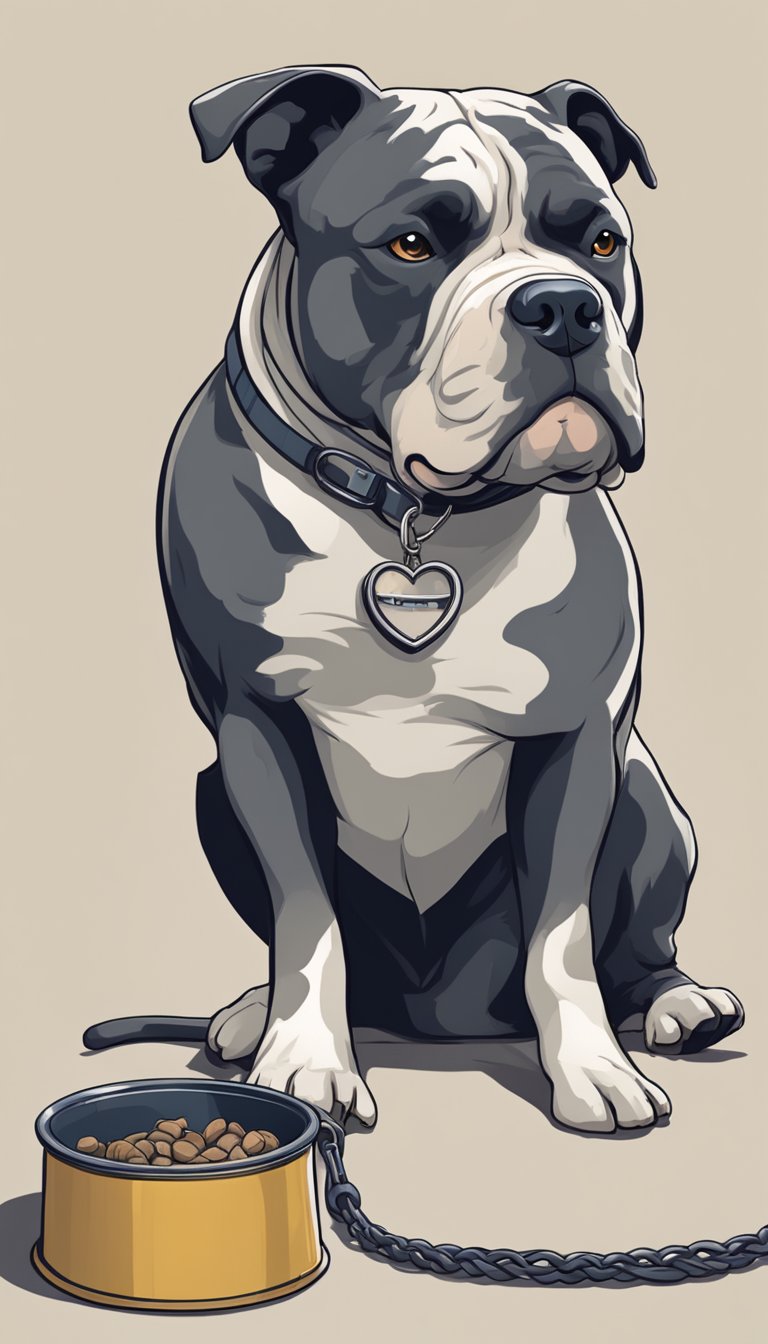 A muscular American Bully sits with a pained expression, clutching its chest. Nearby, a dog bowl and leash lie abandoned, symbolizing the impact of heart disease on these beloved pets