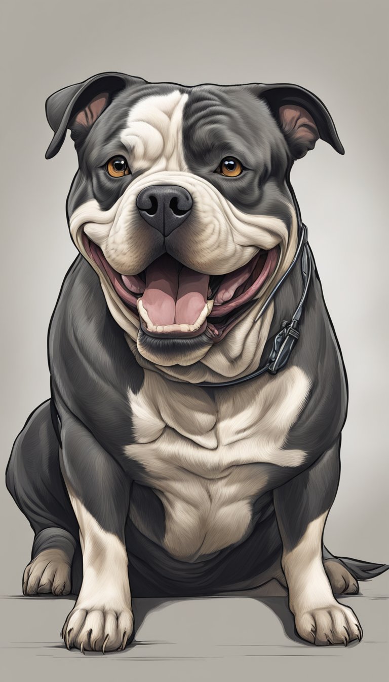 A large American Bully dog is shown with a distended abdomen, panting heavily, and appearing distressed. The dog's stomach is visibly bloated and twisted, indicating a case of Gastric Dilatation-Volvulus (Bloat)