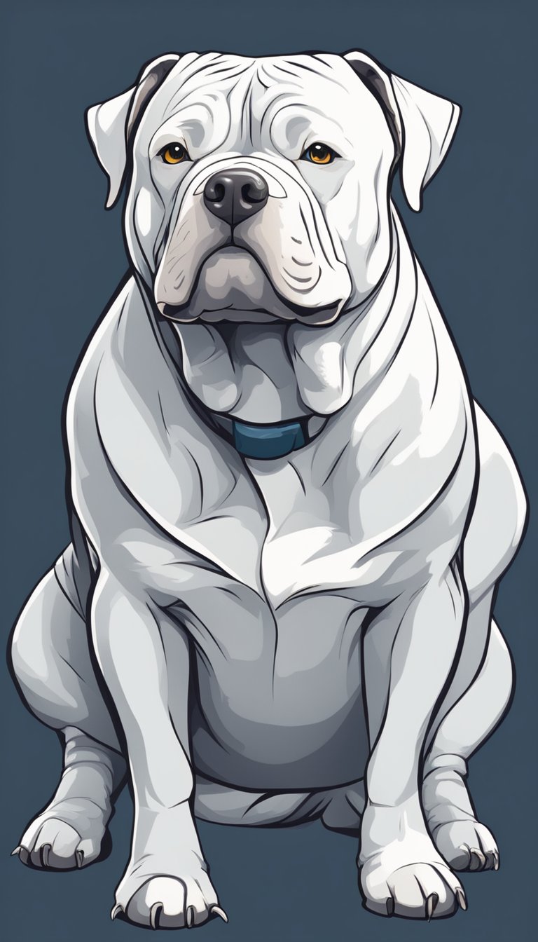 A white American Bully with a cleft palate sits alone, looking up at the sky with a pensive expression