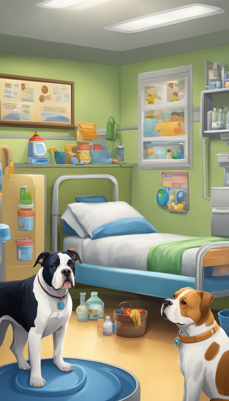 American Bullys in a clean, well-lit environment with food and water bowls, toys, and a comfortable bed. A veterinarian's office with posters on common health issues and preventive measures