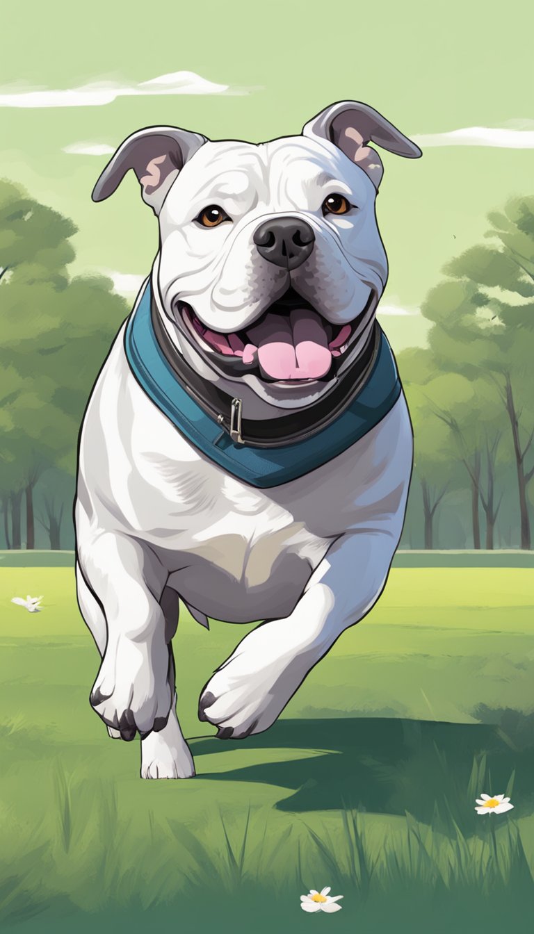 American Bully in park: playing fetch, running, sniffing, socializing, exploring, rolling in grass, jumping, wagging tail, chasing birds, resting, bonding with owner