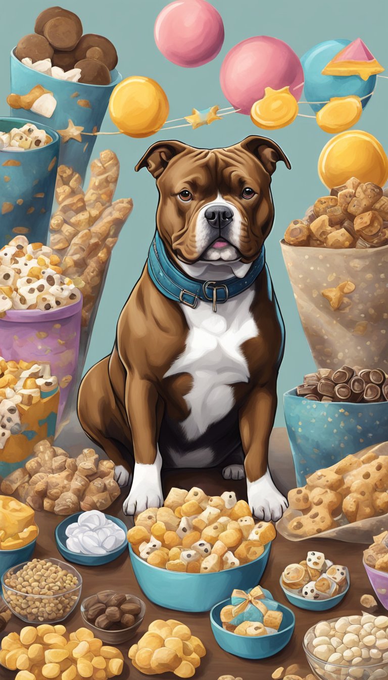 American Bully surrounded by 11 homemade treats, tail wagging, bonding with owner