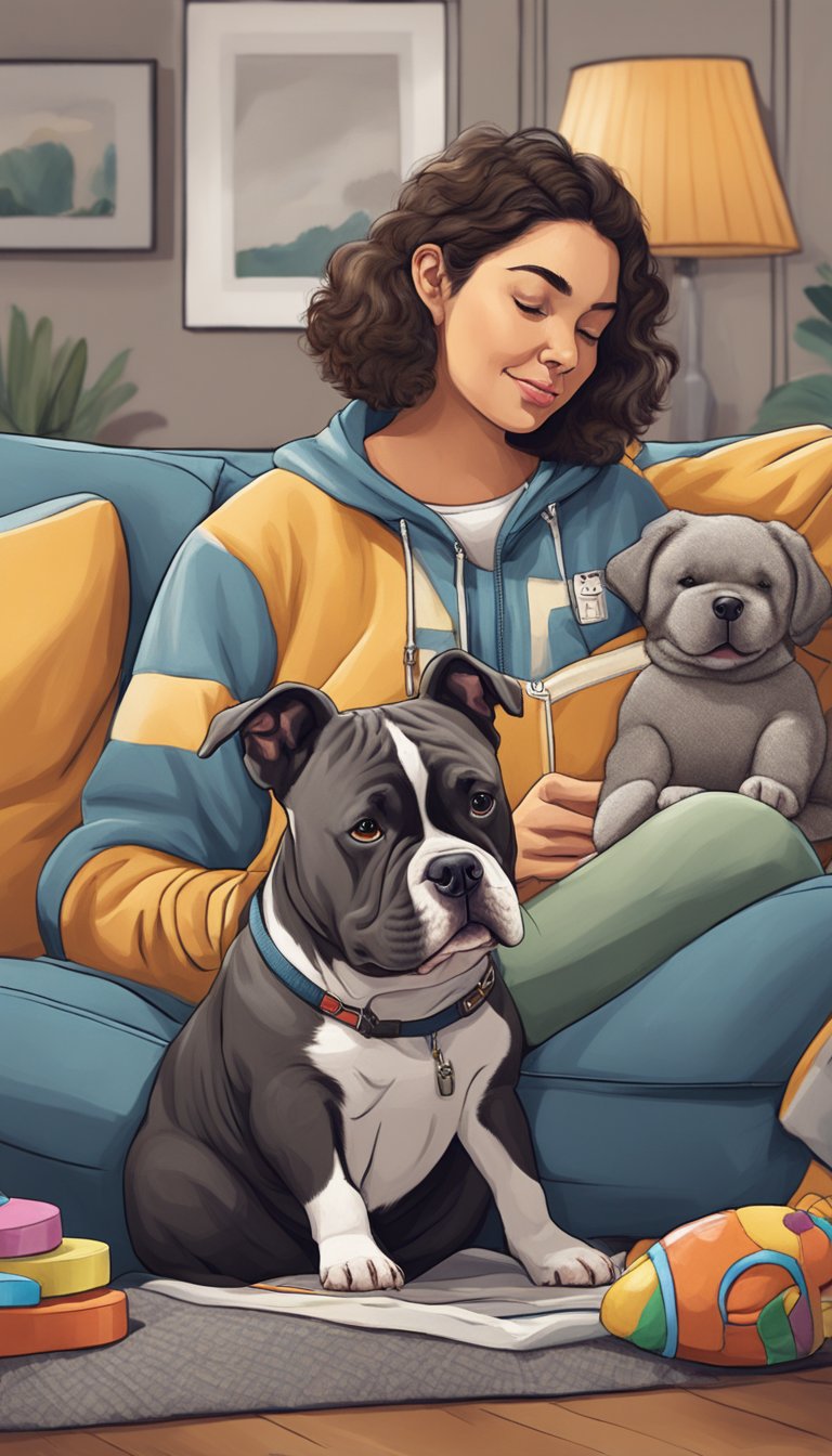 An American Bully snuggles with its owner on the couch, surrounded by toys and blankets. The dog gazes lovingly at its owner, creating a heartwarming and bonding moment
