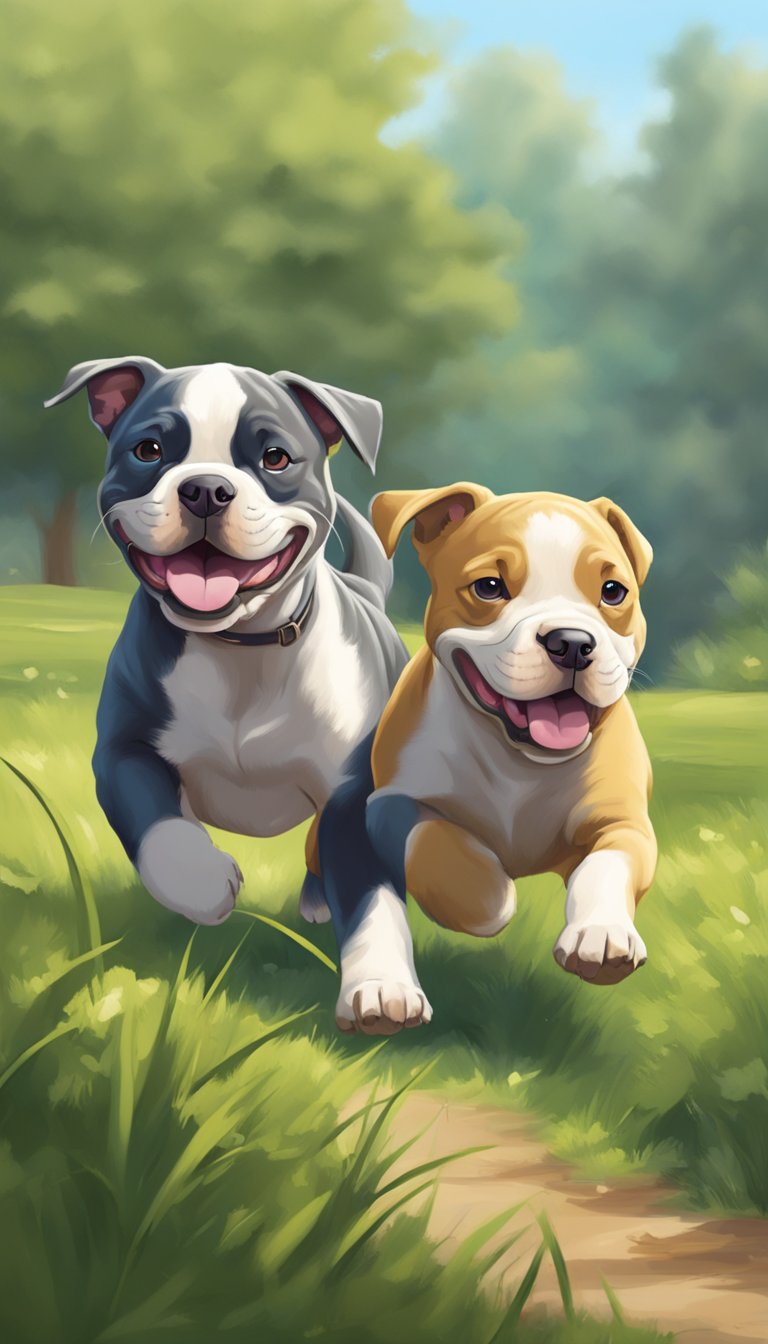 Two American Bully puppies romping in a grassy park, tails wagging and tongues lolling as they playfully chase each other