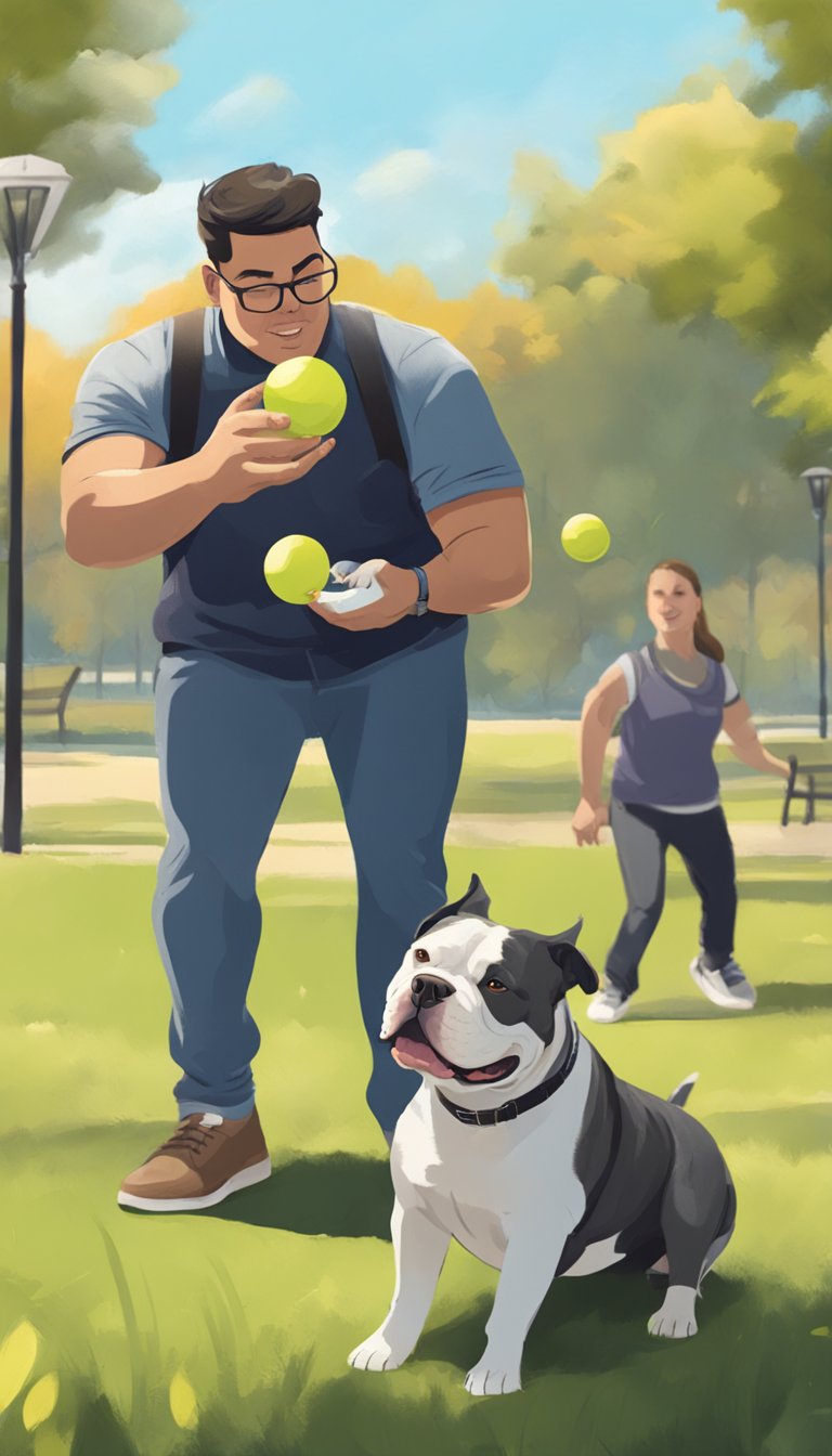 An American Bully and owner play fetch in a sunny park, bonding and learning new tricks together