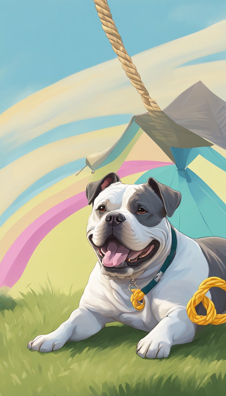 An American Bully playing with a rope toy, lounging in the sun, and going for a walk with its owner