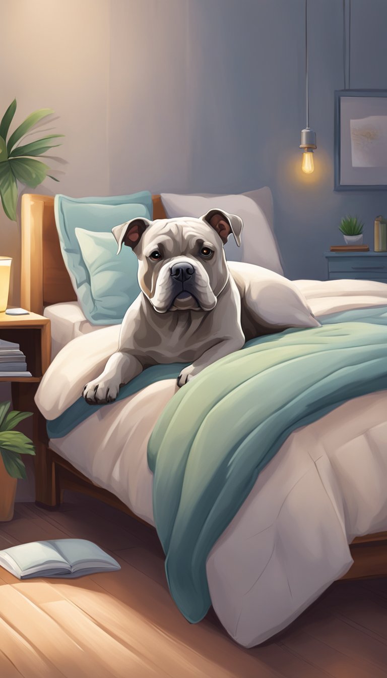 A plush bed with soft blankets and pillows, surrounded by calming scents, soothing music, and gentle lighting to create a peaceful environment for an anxious American Bully