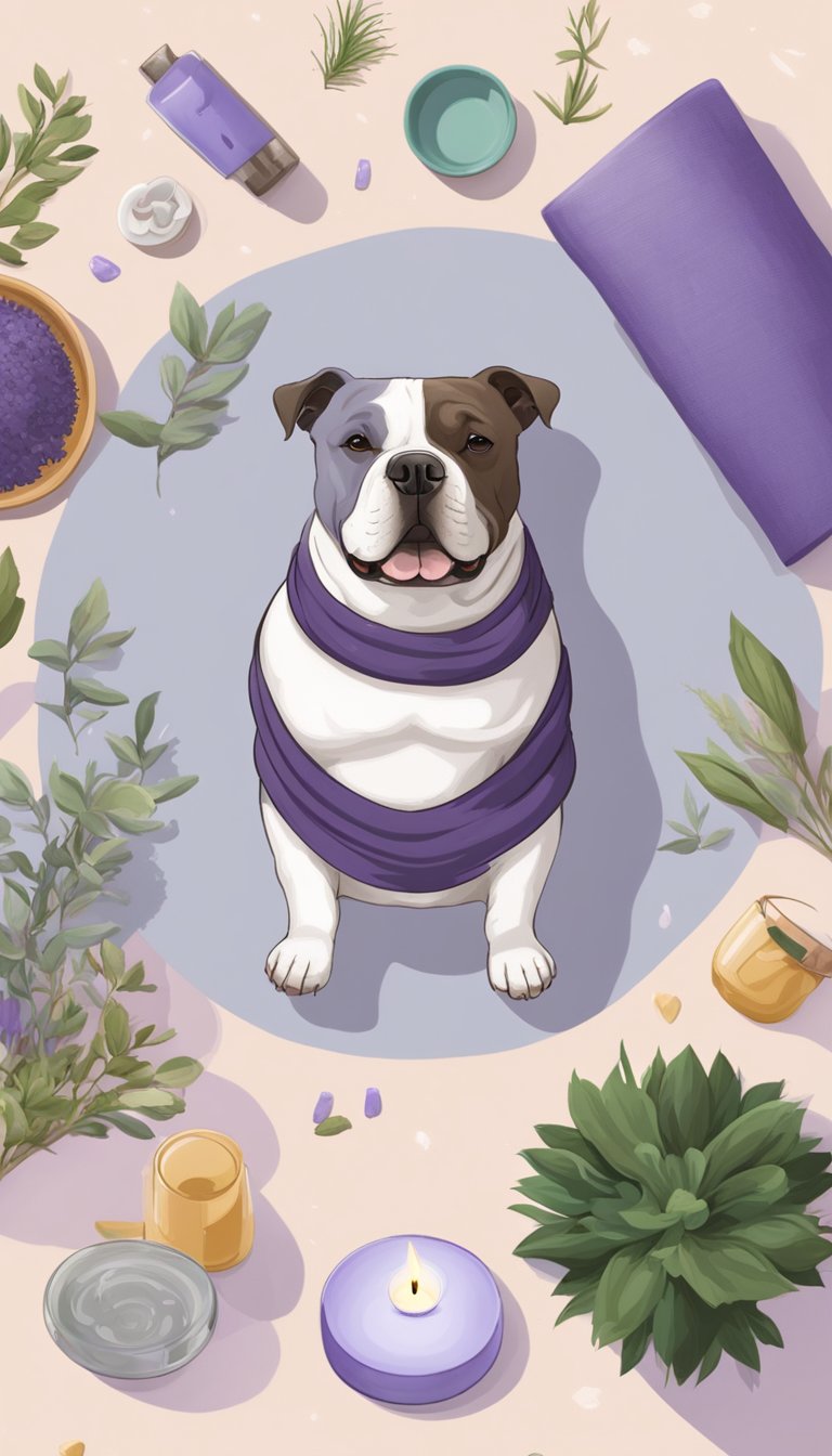 An American Bully lying on a yoga mat, surrounded by calming items like a lavender-scented candle, soothing music, and a bowl of water