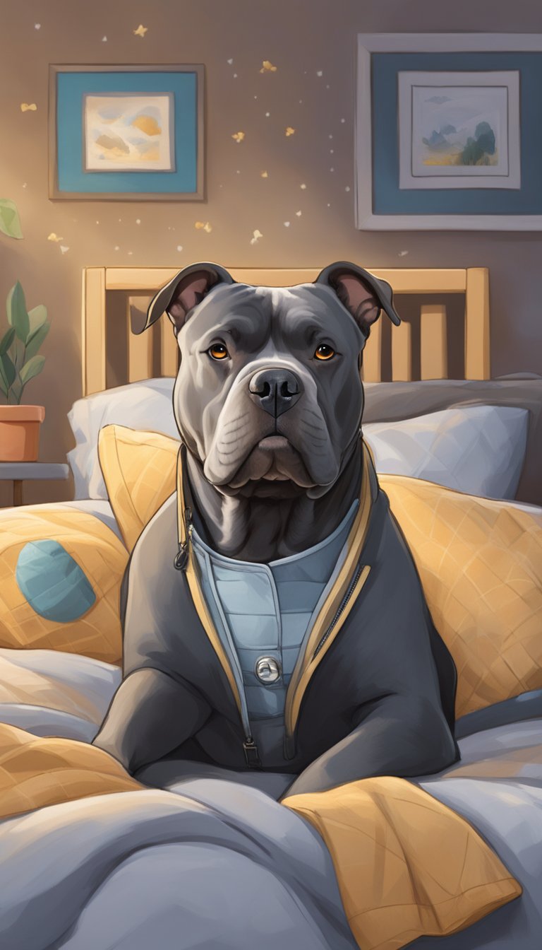 An American Bully wearing a Thundershirt, lying calmly on a cozy bed with soft music playing in the background, surrounded by comforting toys and a gentle scent in the air