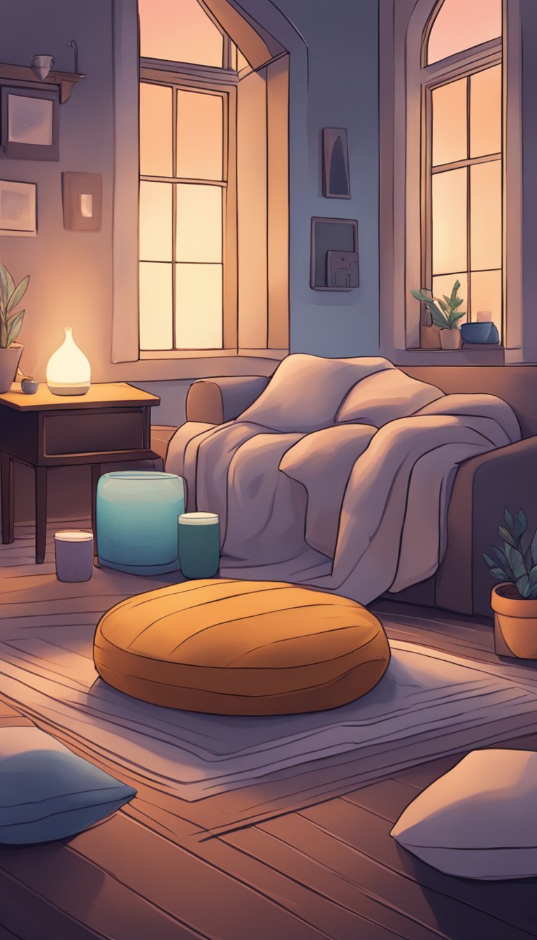 A cozy, dimly lit room with soft blankets and pillows scattered around. A gentle, soothing playlist plays in the background. A diffuser emits a calming scent, and a bowl of water sits nearby