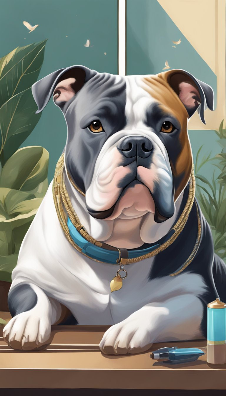 An American Bully being gently groomed, surrounded by calming elements like soft music, soothing scents, and a peaceful environment