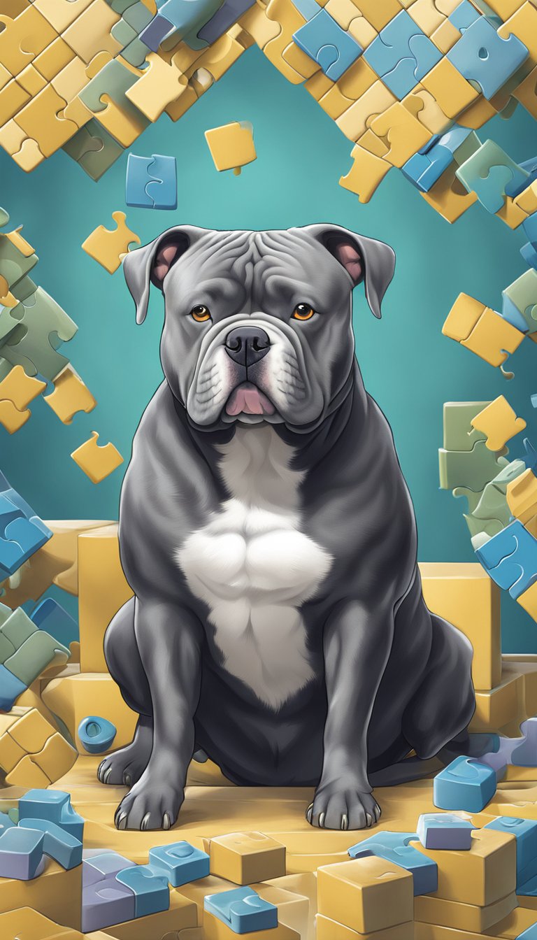 An American Bully surrounded by puzzle games, relaxing in a calm environment