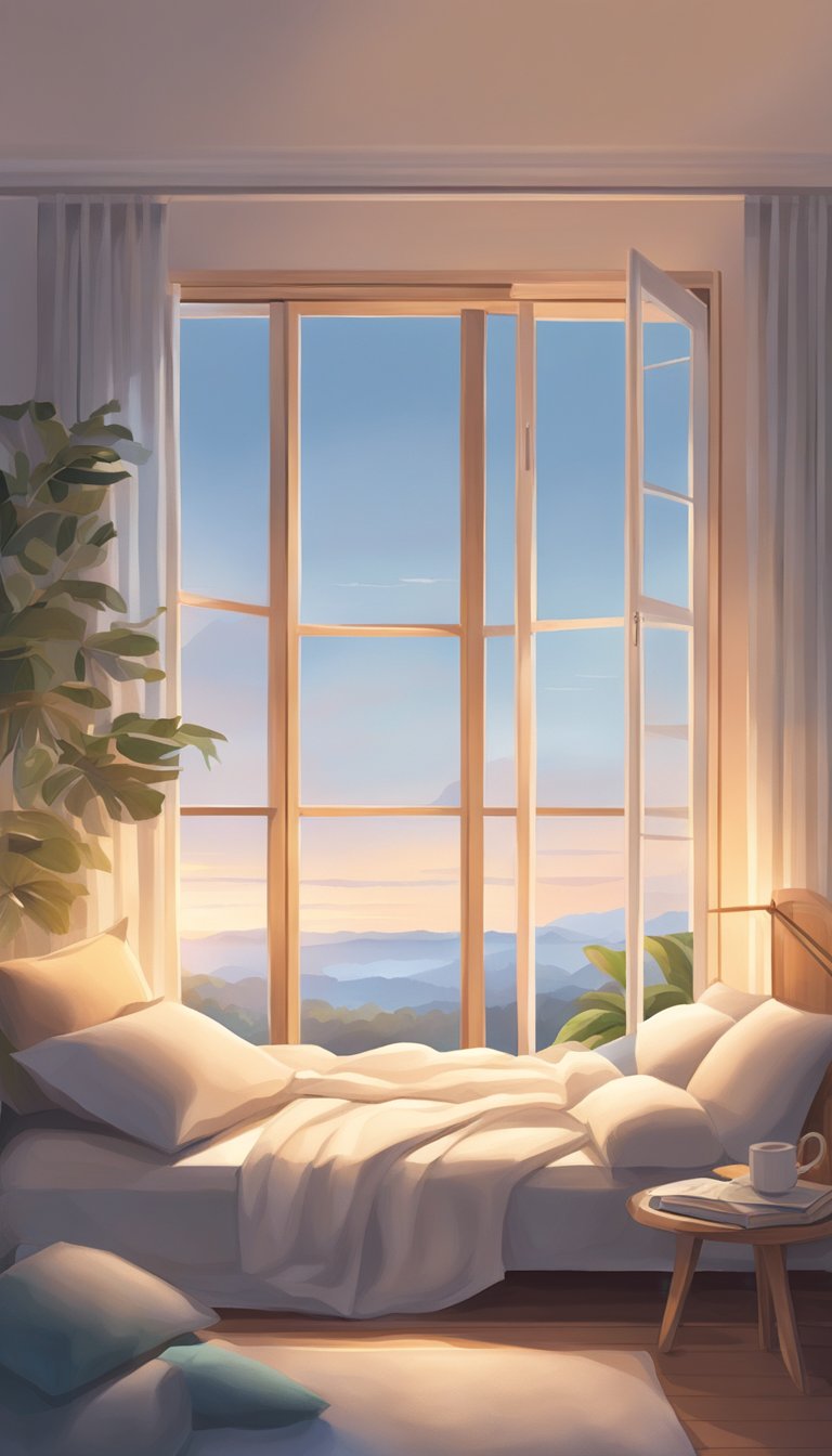 A serene setting with soft lighting, a comfortable bed, soothing music, and a gentle breeze through an open window